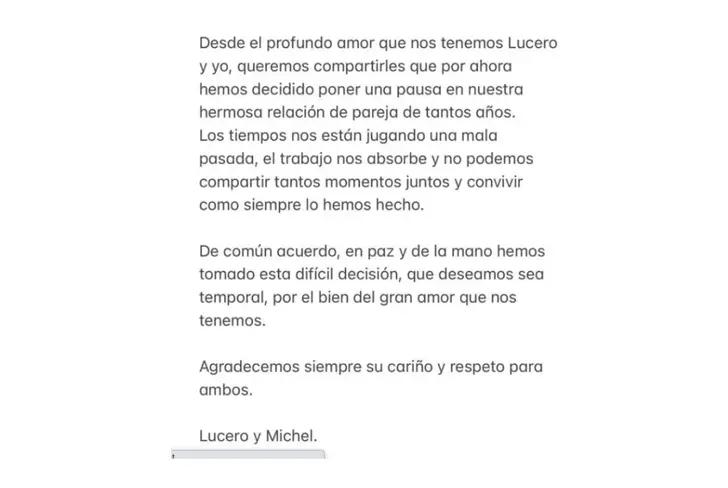 Comunicado de Lucero anunciando su ruptura con Michel Kuri&nbsp;