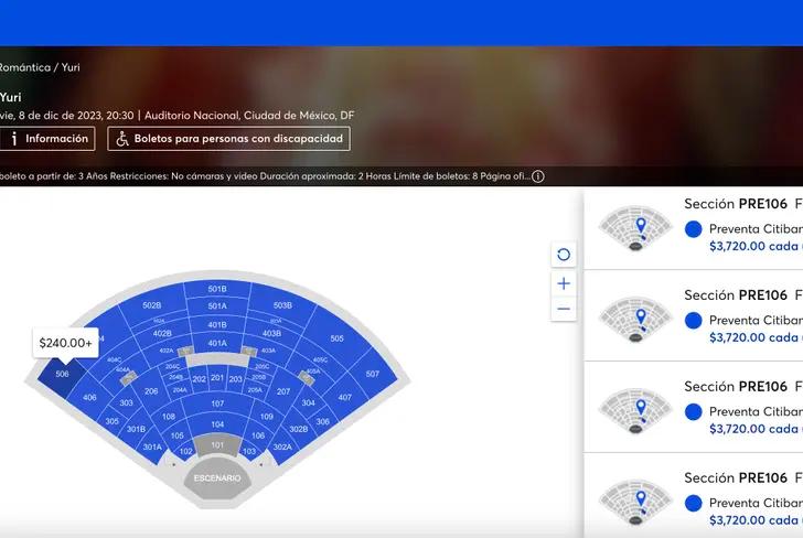 Precios vía Ticketmaster